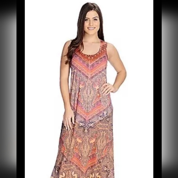 One World Bohemian Maxi Dress - Multicolor Butterfly Lace Back Sleeveless - Picture 1 of 10